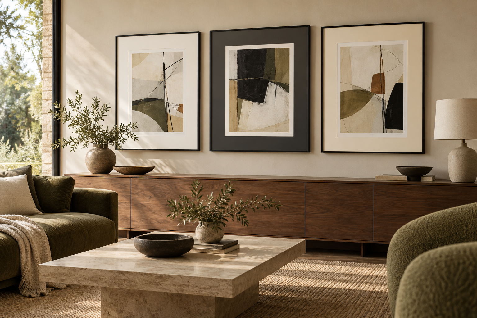 Decorative framed prints with generous white, cream, and charcoal mat borders in a warm contemporary lounge