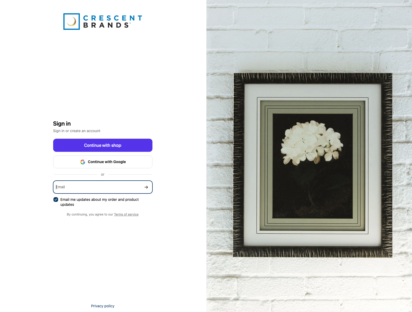 Crescent Brands Sign In screen with Email, Shop, and Google options