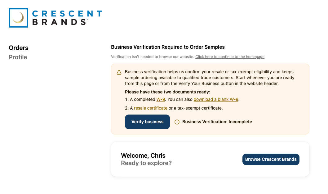 Account page showing the Verify business button and incomplete verification status