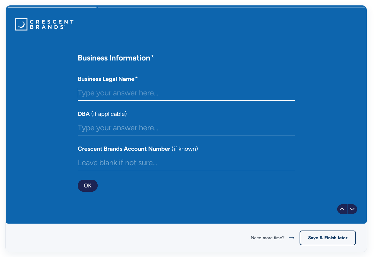 Business information form showing legal name, optional DBA and account number