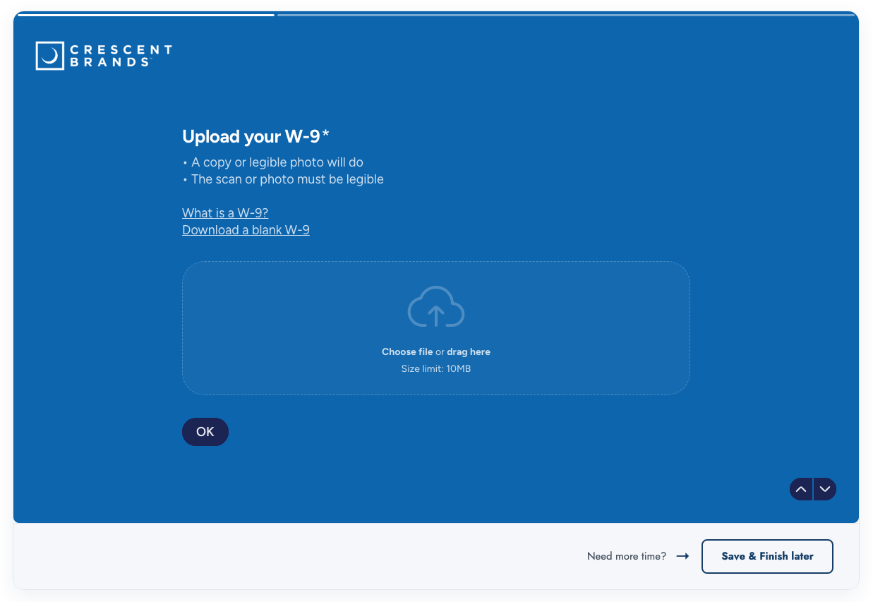 W-9 upload field with a 10 MB size limit