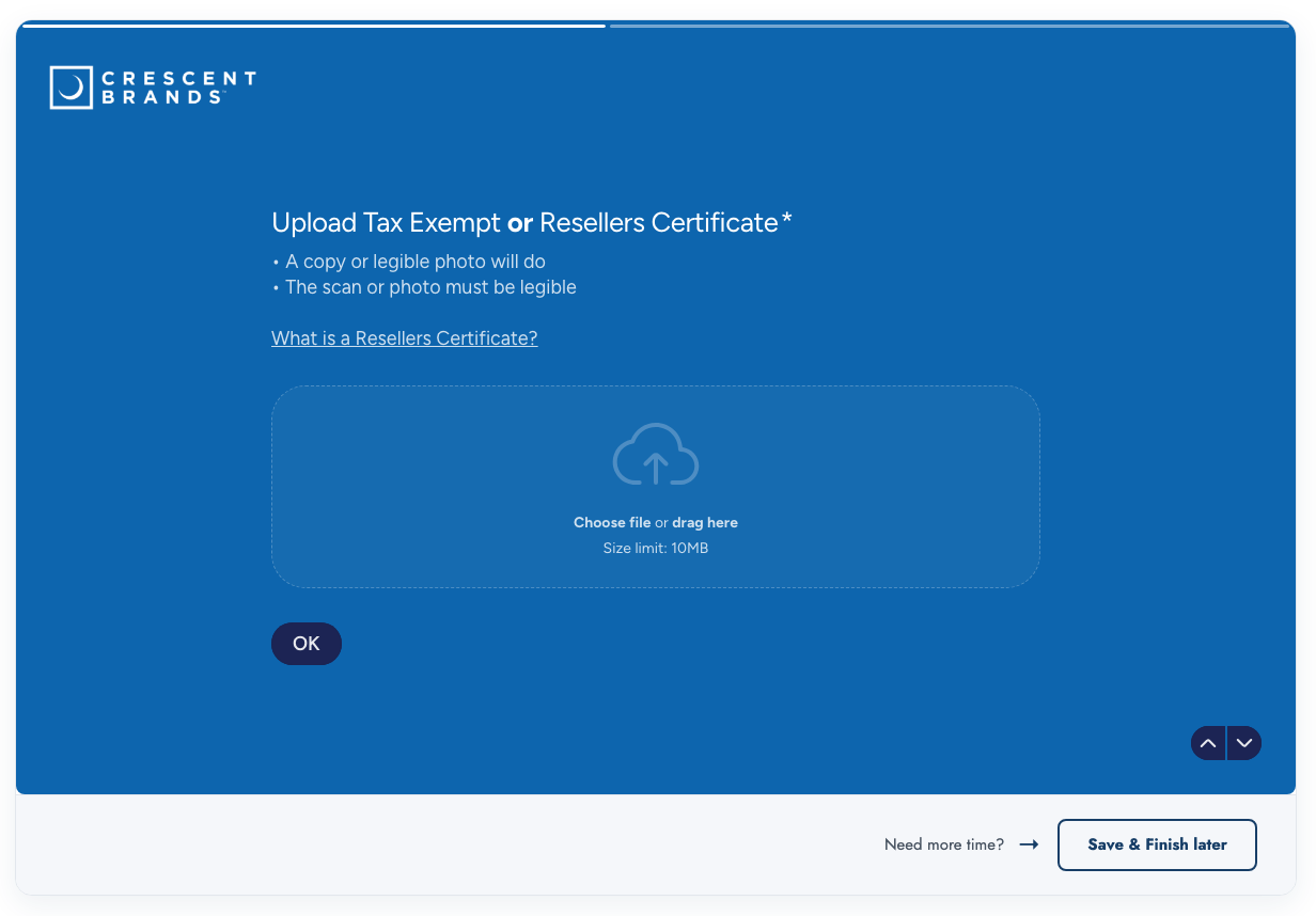 Upload field for a tax-exempt or reseller certificate