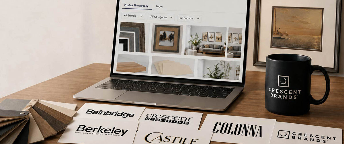 Crescent Brands digital asset library displayed in a styled workspace