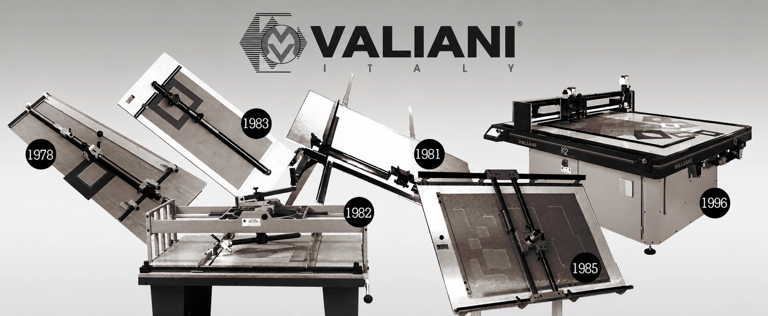 Historic Valiani cutting machines from 1978 through 1996